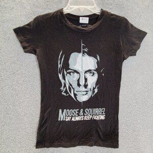 AKF Women Top Small Black T-Shirt Moose & Squirrel Say Always‎ Keep Fighting